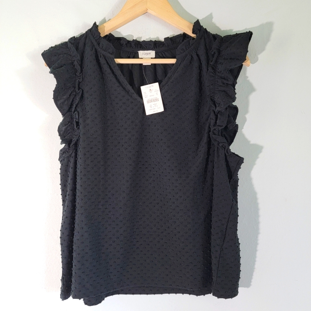 NWT J. CREW Women Black Swiss Dot Sleeveless Ruffle Blouse. Size XL.